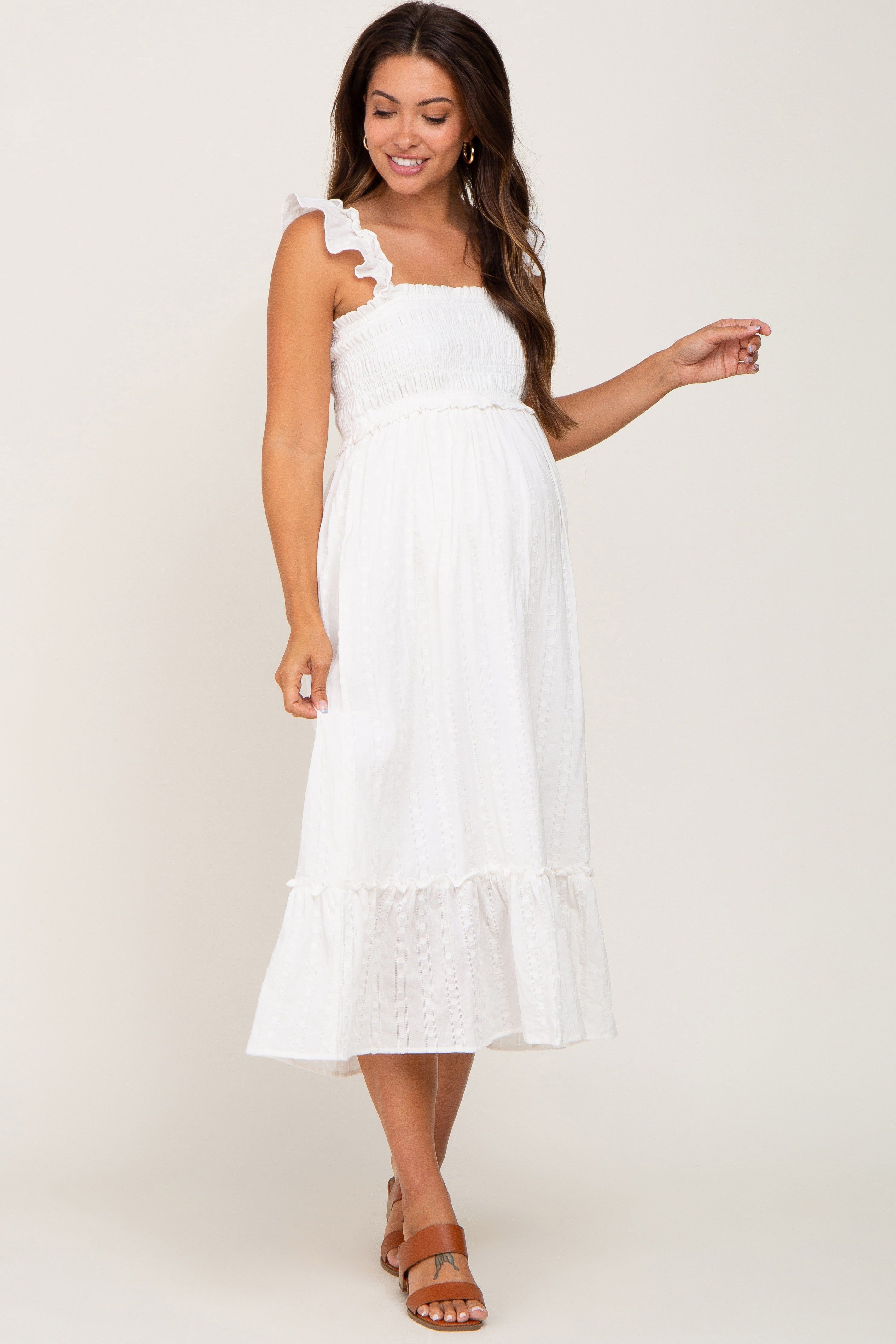 White Smocked Textured Maternity Midi Dress sold by Pinkblush
