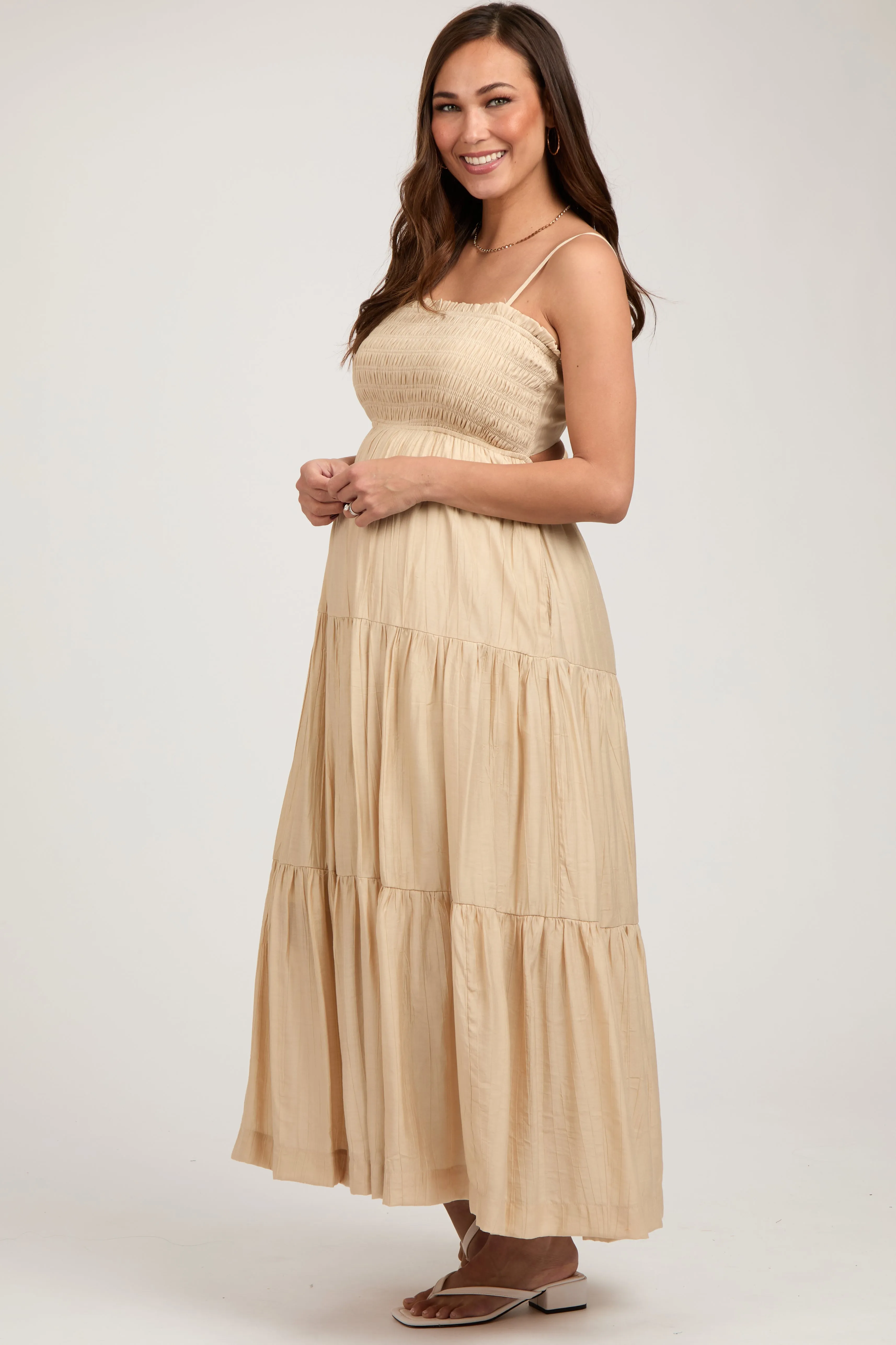 Beige Smocked Square Neck Back Cutout Tiered Maternity Midi Dress sold by Pinkblush product image thumbnail 2