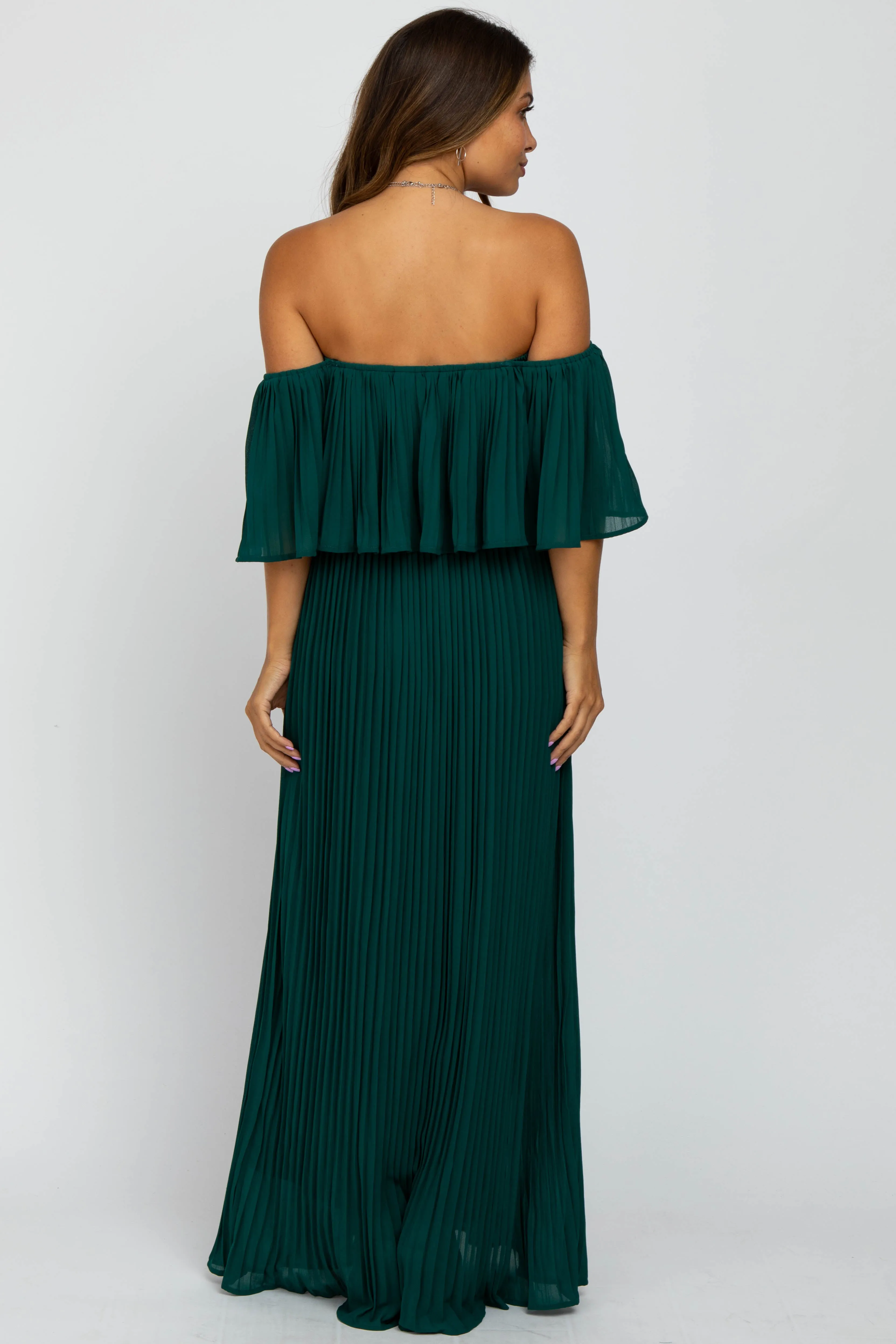 Forest Green Chiffon Pleated Off Shoulder Maternity Maxi Dress sold by Pinkblush product image thumbnail 3