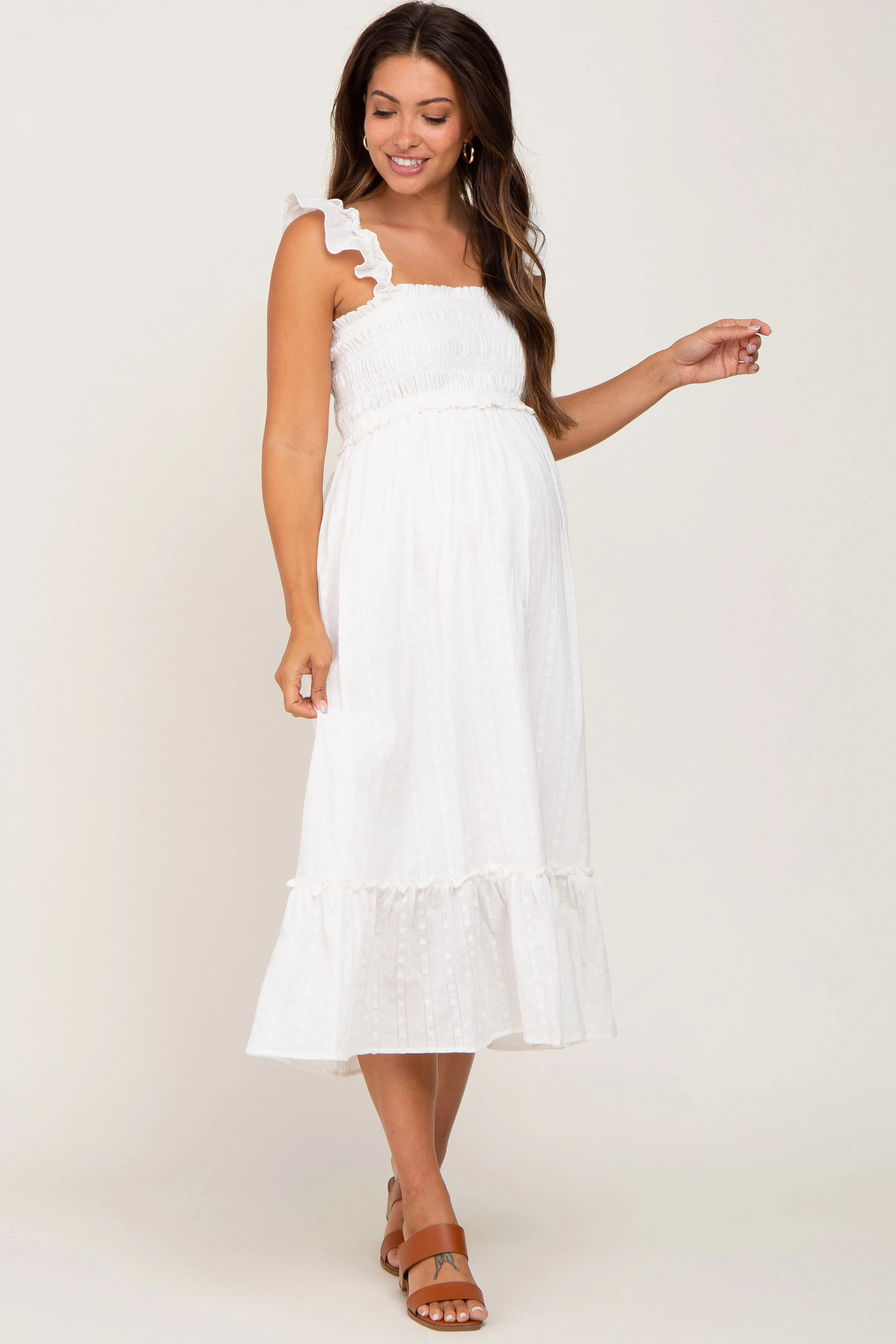White Smocked Textured Maternity Midi Dress sold by Pinkblush