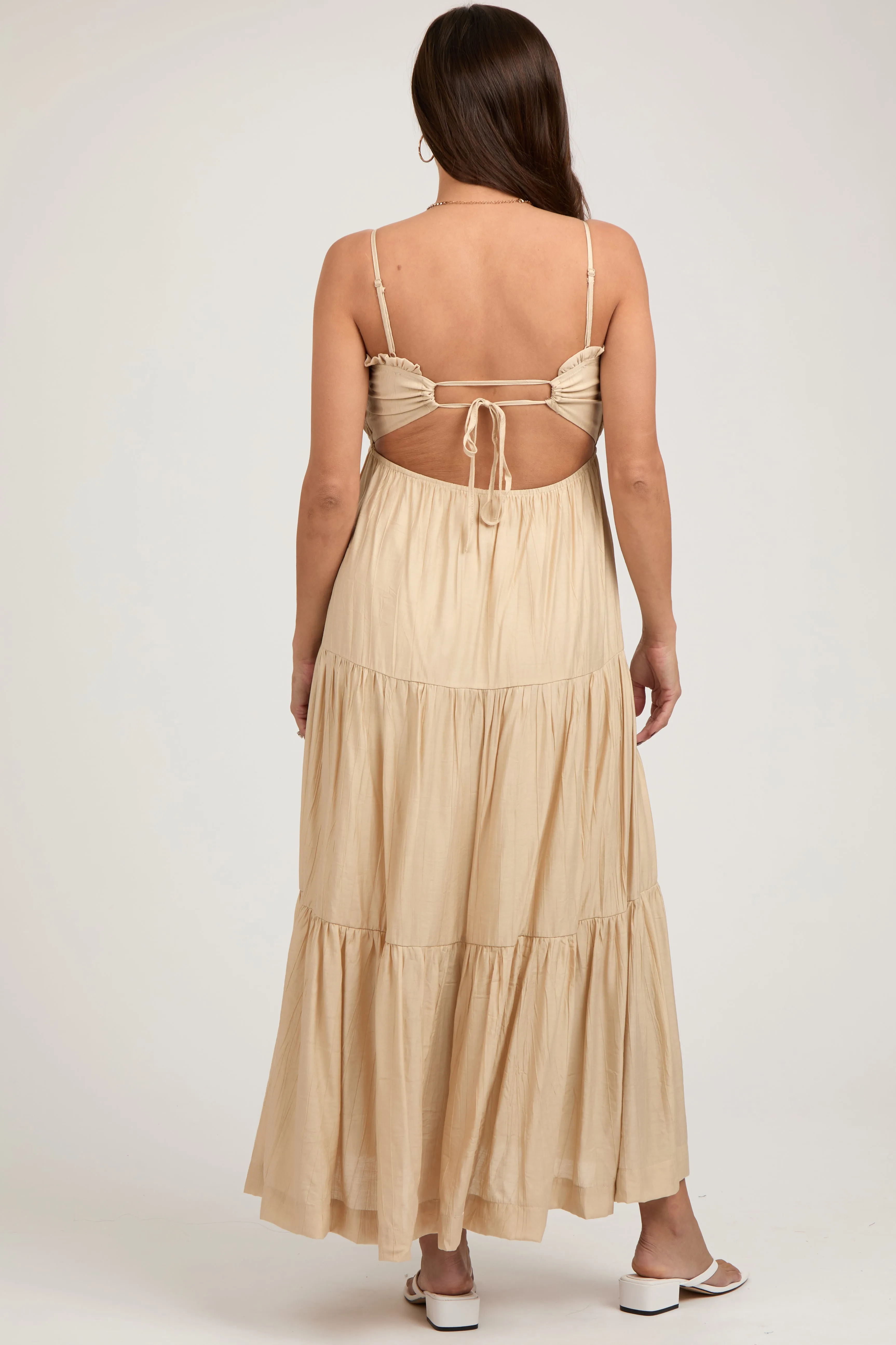 Beige Smocked Square Neck Back Cutout Tiered Maternity Midi Dress sold by Pinkblush product image thumbnail 3