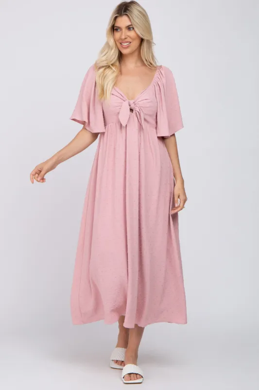 Mauve Textured Dot Front Tie Ruffle Sleeve Midi Dress sold by Pinkblush
