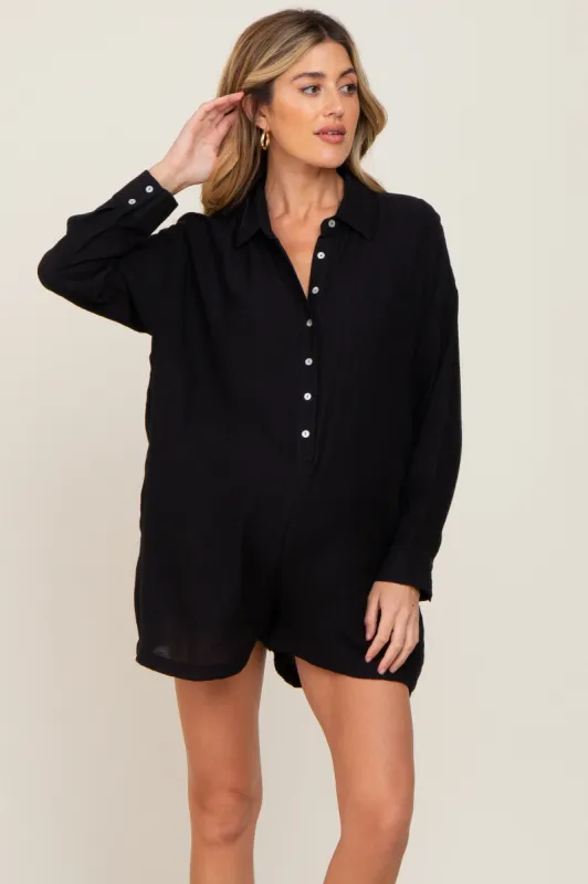 Black Collared Button Front Maternity Romper sold by Pinkblush