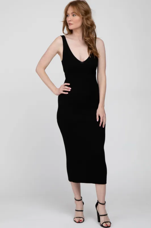 Black Ribbed Sleeveless Knit Midi Dress sold by Pinkblush