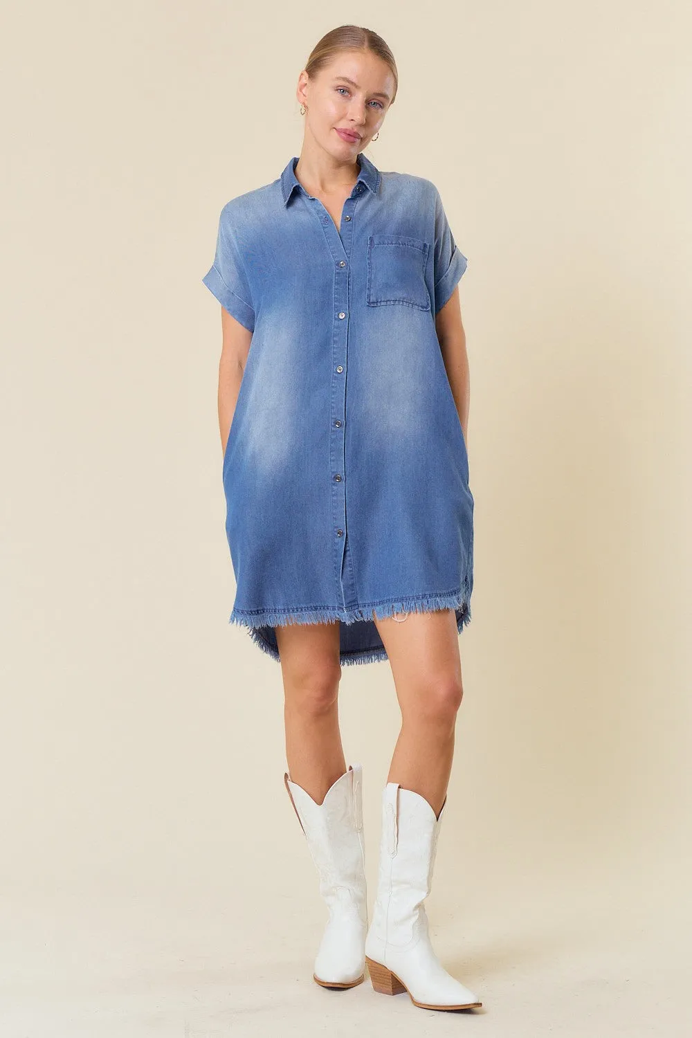 Dark Denim Dolman Short Sleeve Denim Shirt Mini Dress sold by Pinkblush product image thumbnail 4