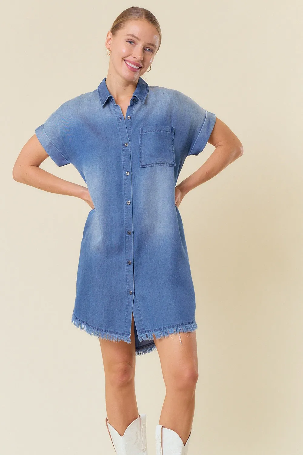 Dark Denim Dolman Short Sleeve Denim Shirt Mini Dress sold by Pinkblush