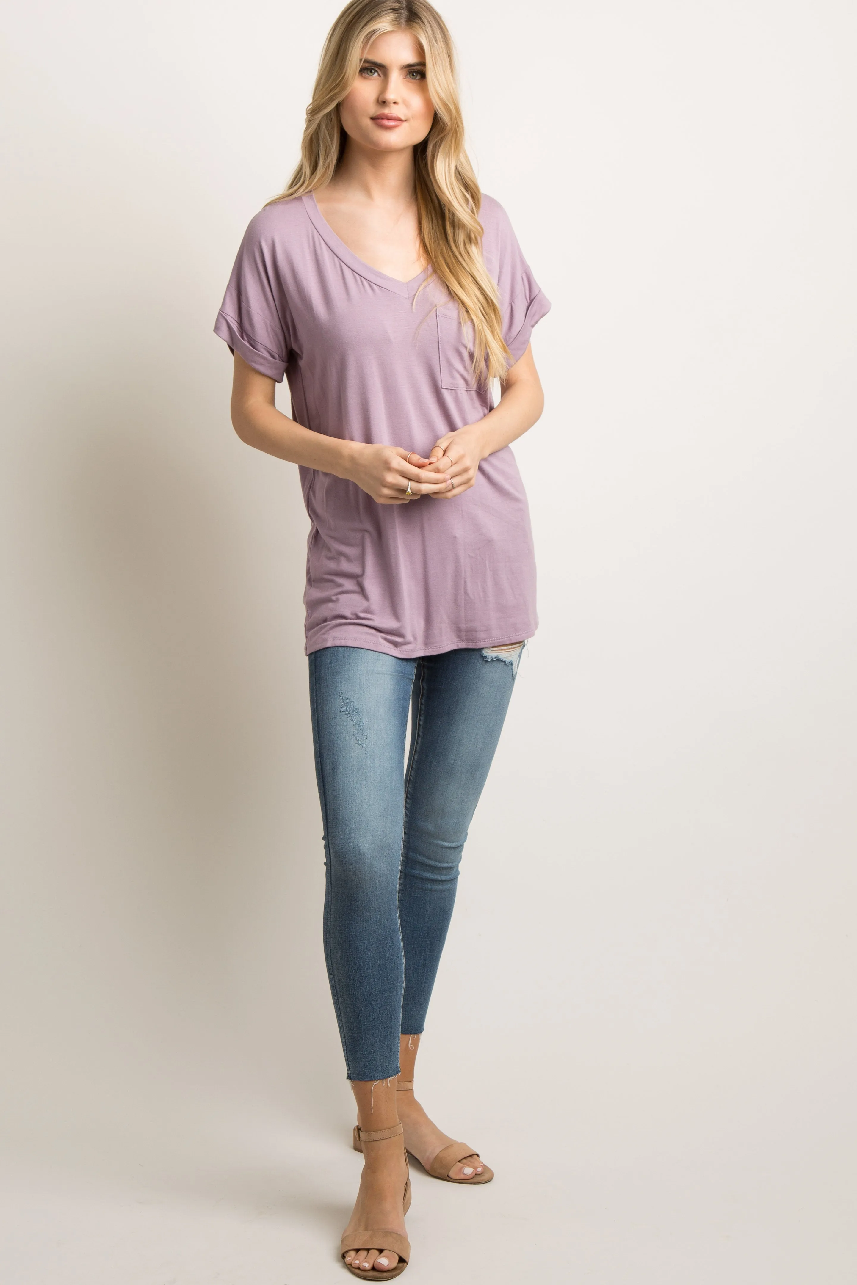 Lavender Basic V-Neck Pocket Top sold by Pinkblush product image thumbnail 4