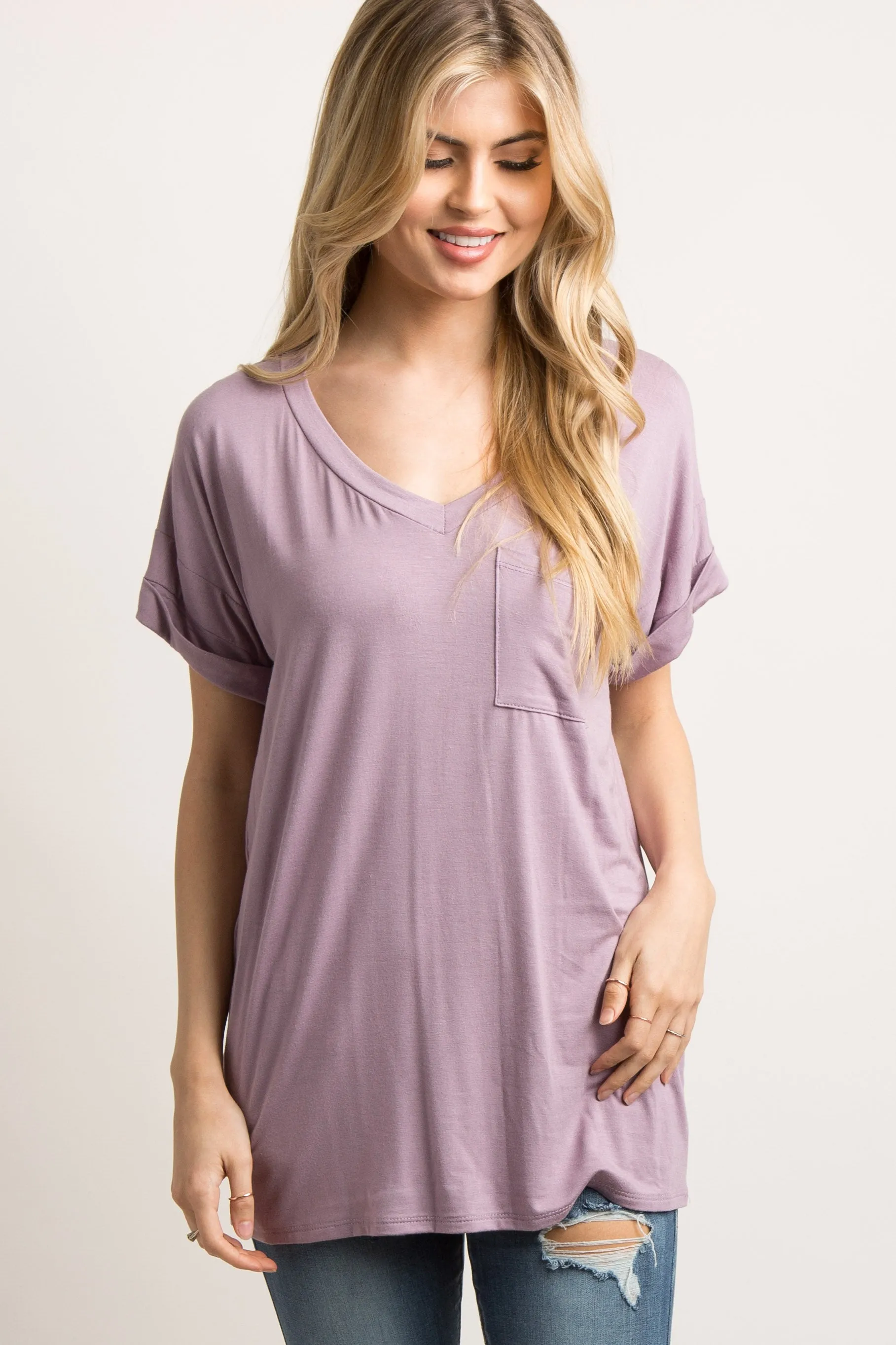 Lavender Basic V-Neck Pocket Top sold by Pinkblush