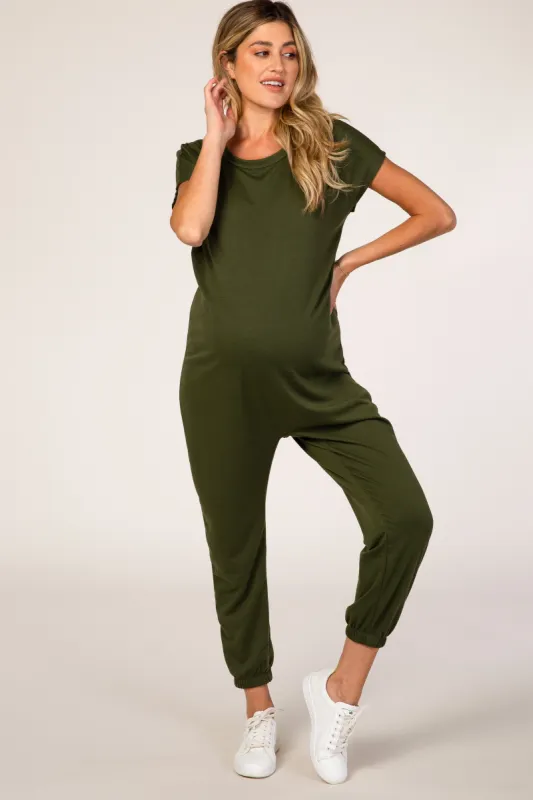PinkBlush Olive Green Short Sleeve Maternity Jumpsuit sold by Pinkblush