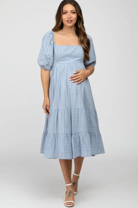 Blue Plaid Square Neck Maternity Midi Dress sold by Pinkblush