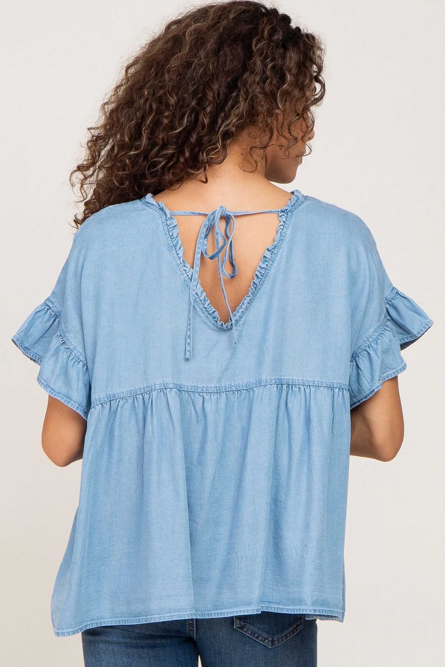 Blue Chambray Ruffle Peplum Blouse sold by Pinkblush product image thumbnail 3