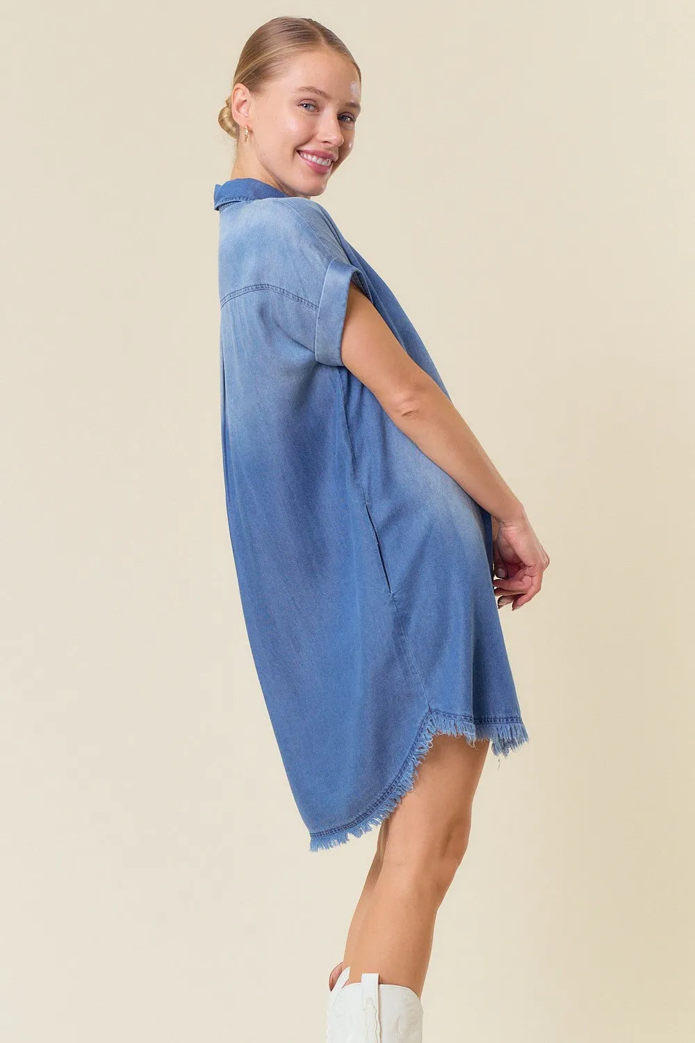 Dark Denim Dolman Short Sleeve Denim Shirt Mini Dress sold by Pinkblush product image thumbnail 2