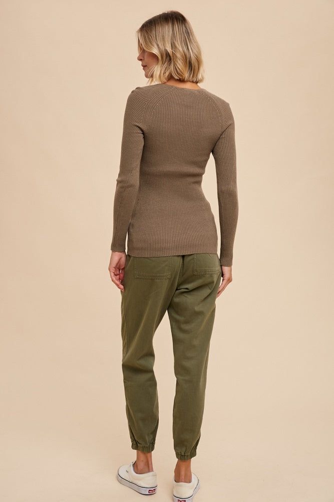 Taupe Ribbed Knit Notched V Neck Top sold by Pinkblush product image thumbnail 3
