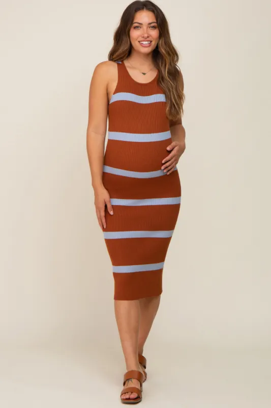 Brown Blue Striped Sleeveless Sweater Maternity Midi Dress sold by Pinkblush