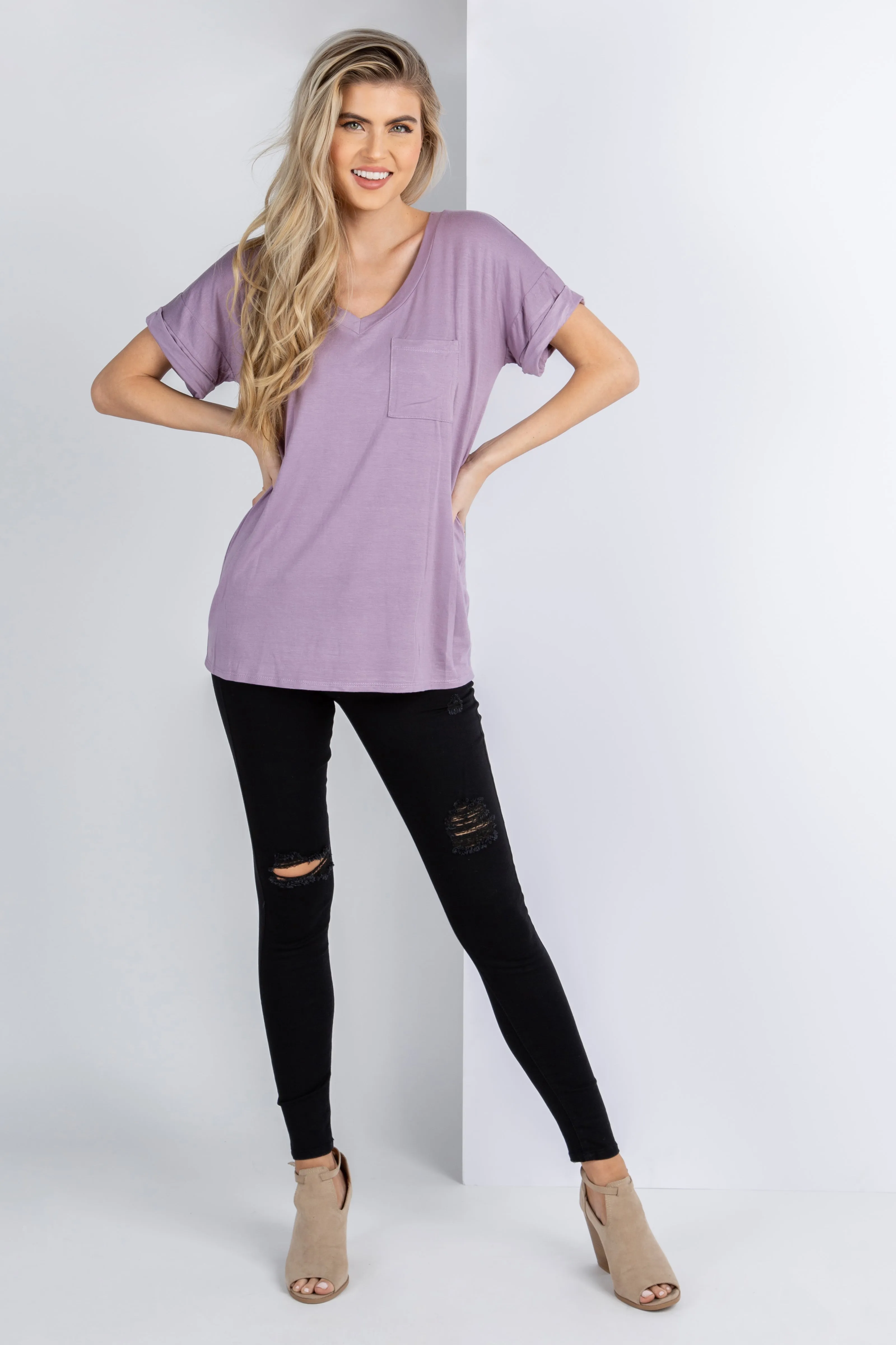 Lavender Basic V-Neck Pocket Top sold by Pinkblush product image thumbnail 5