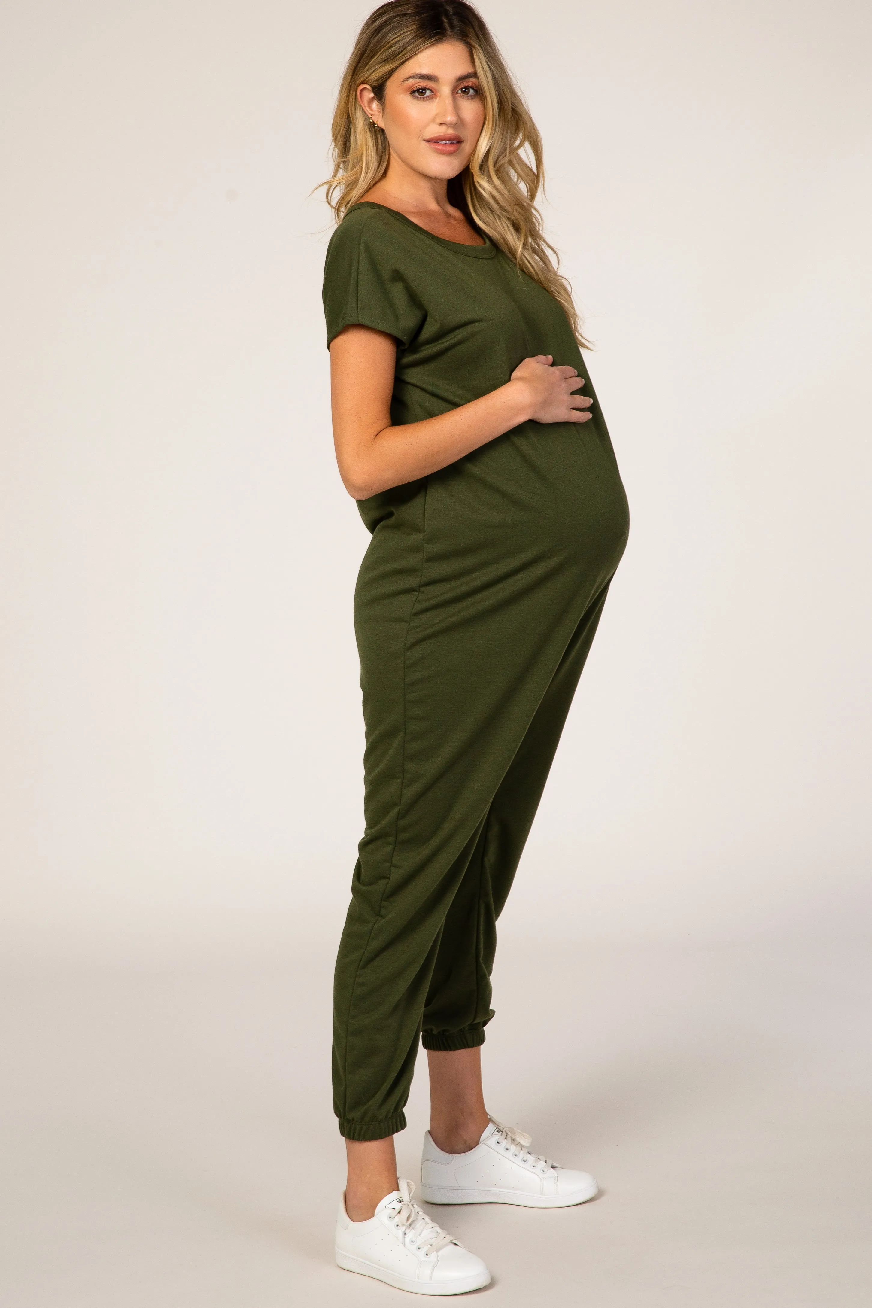 PinkBlush Olive Green Short Sleeve Maternity Jumpsuit sold by Pinkblush product image thumbnail 2