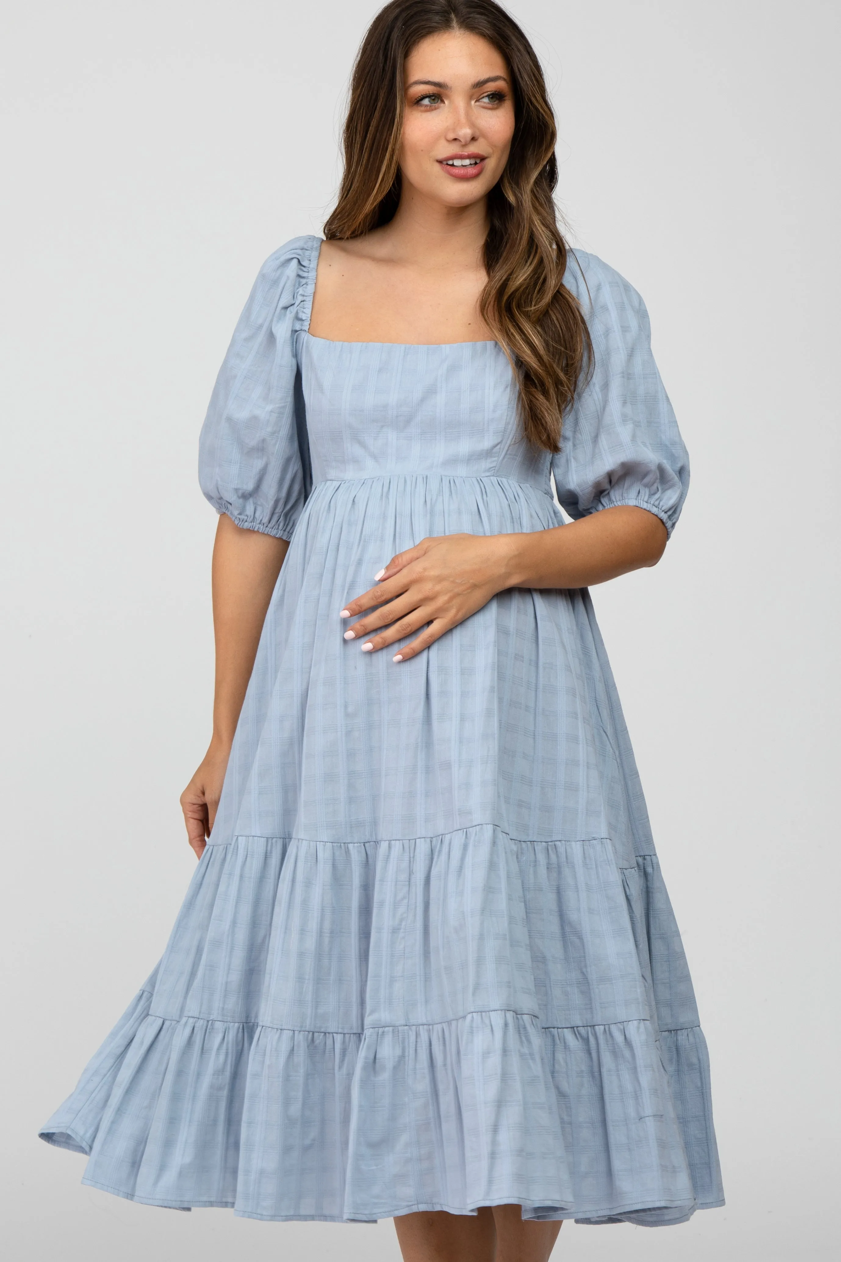 Blue Plaid Square Neck Maternity Midi Dress sold by Pinkblush product image thumbnail 2
