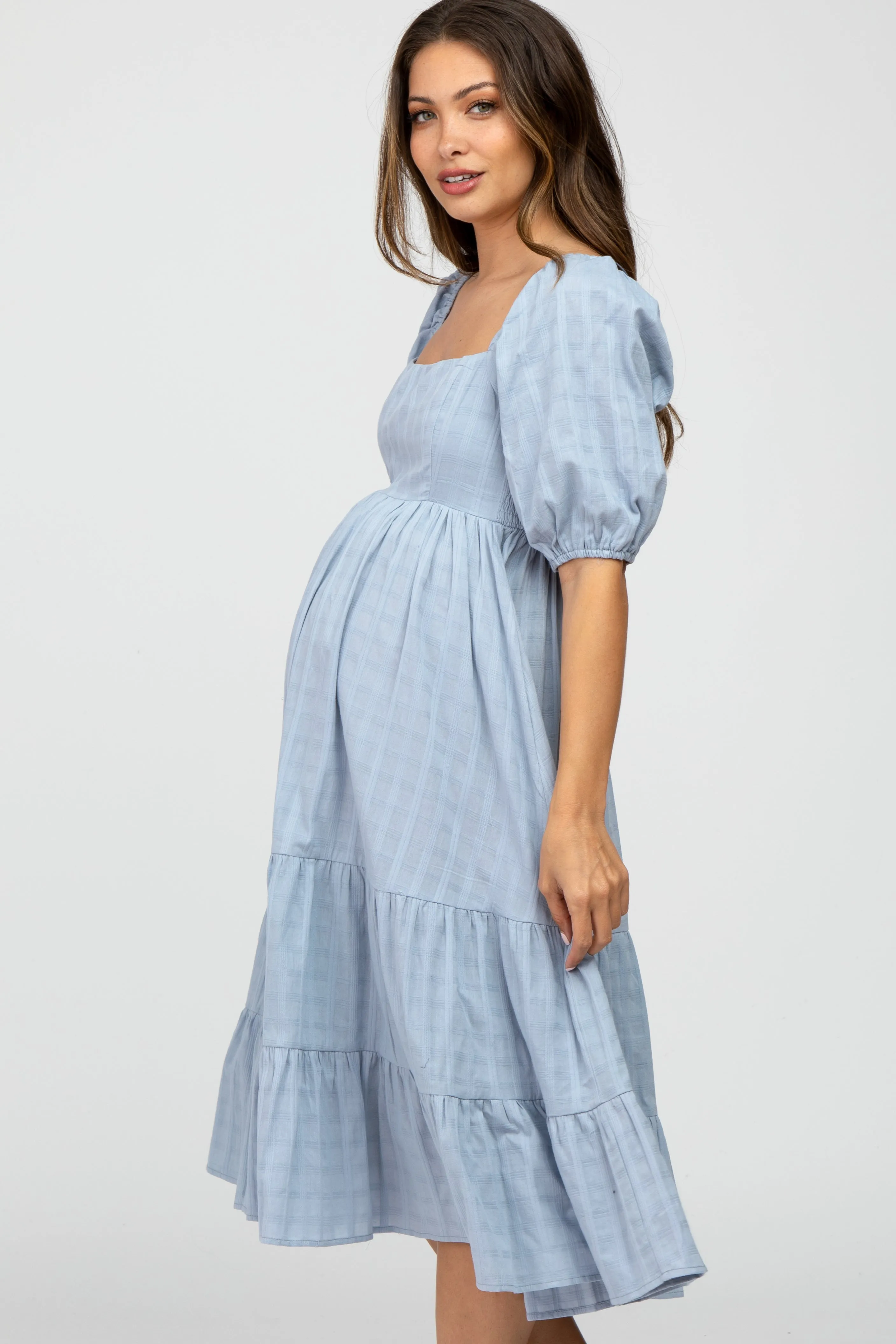 Blue Plaid Square Neck Maternity Midi Dress sold by Pinkblush product image thumbnail 3