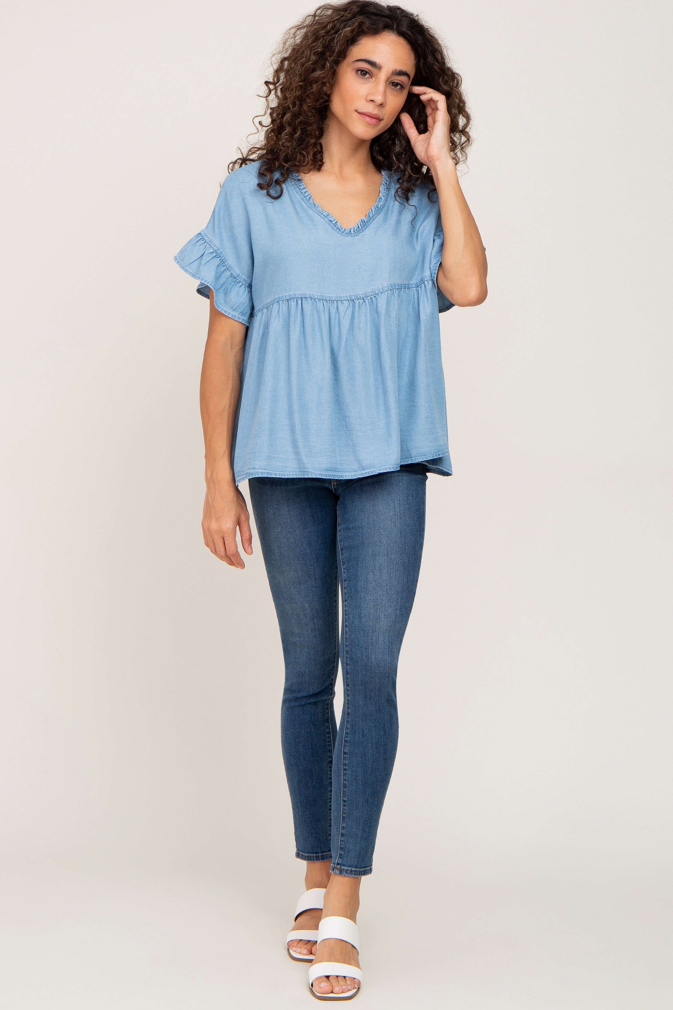 Blue Chambray Ruffle Peplum Blouse sold by Pinkblush product image thumbnail 4