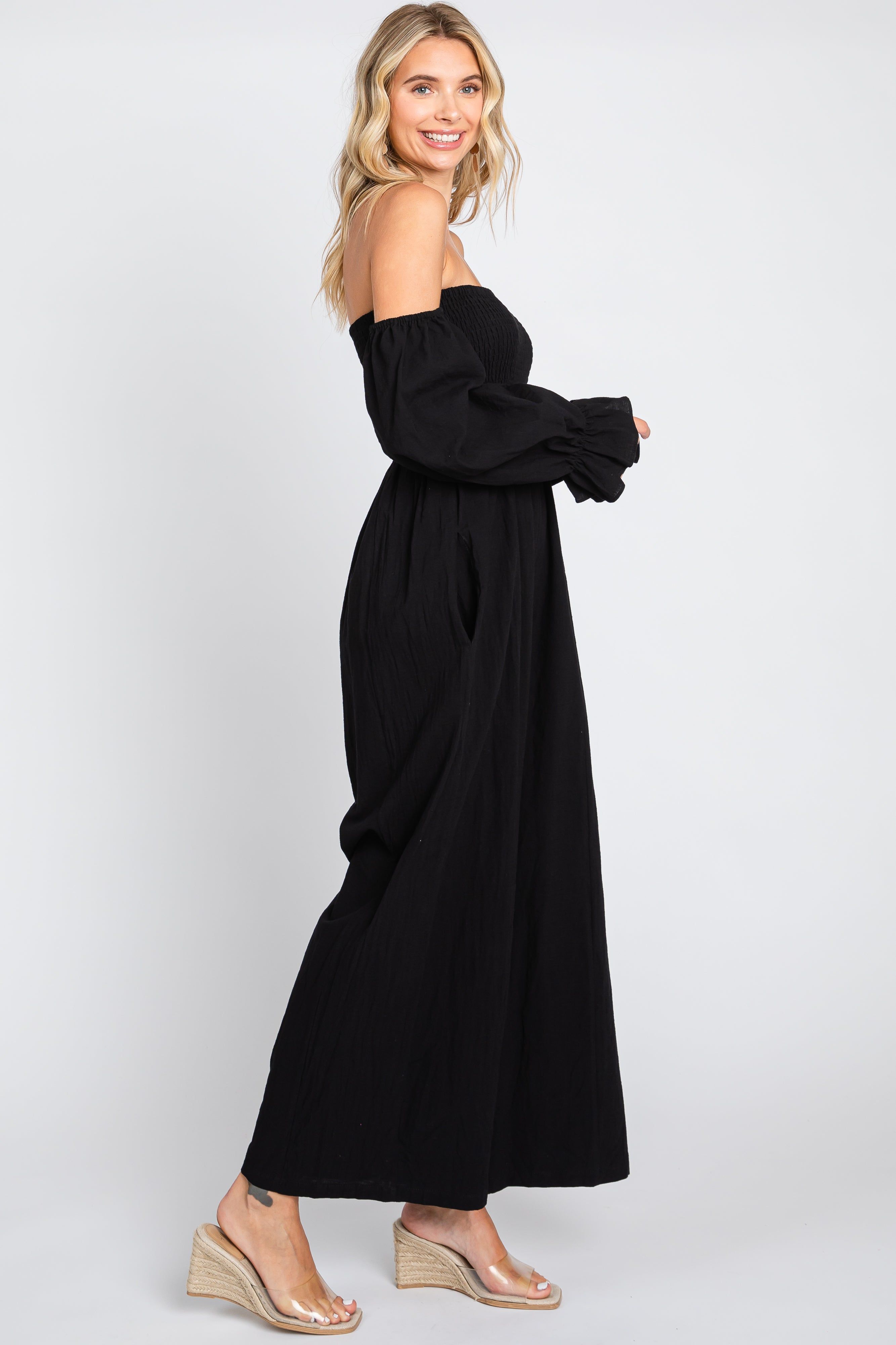 Black Linen Smocked Off Shoulder Wide Leg Jumpsuit sold by Pinkblush product image thumbnail 2