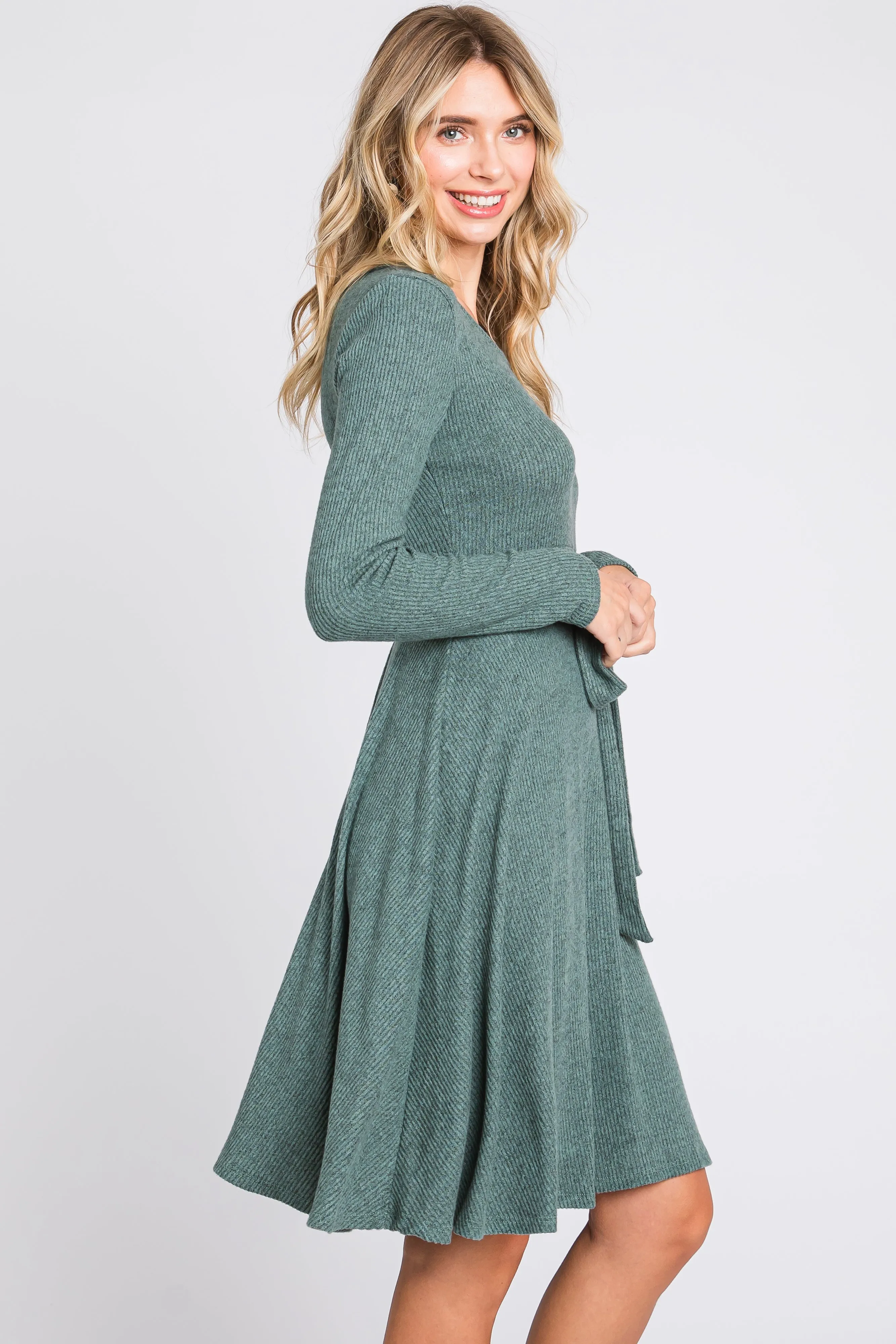 Green Soft Rib Knit Sash Tie Dress sold by Pinkblush product image thumbnail 2