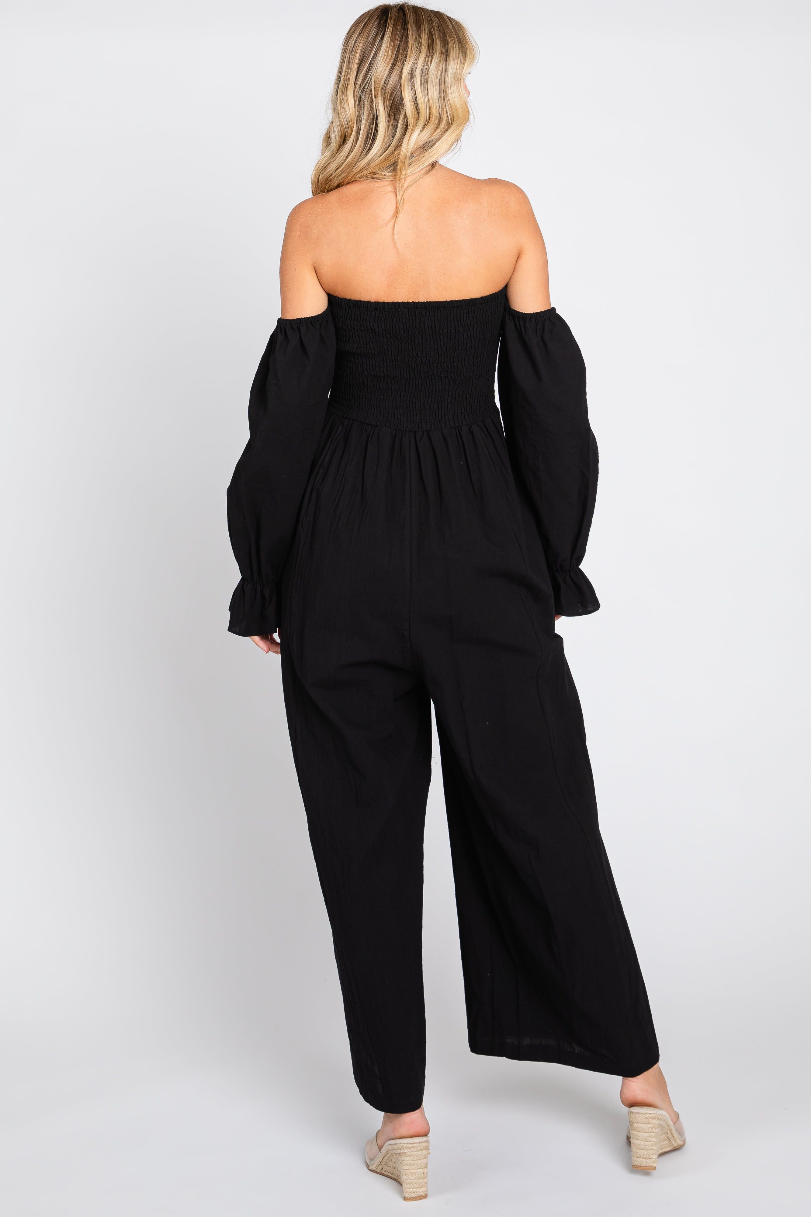 Black Linen Smocked Off Shoulder Wide Leg Jumpsuit sold by Pinkblush product image thumbnail 3