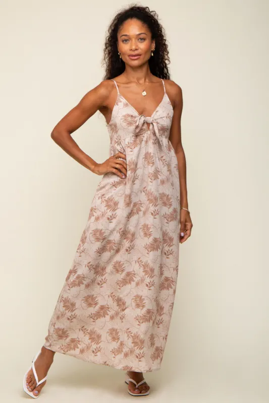 Mocha Leaf Print Front Tie Maxi Dress sold by Pinkblush
