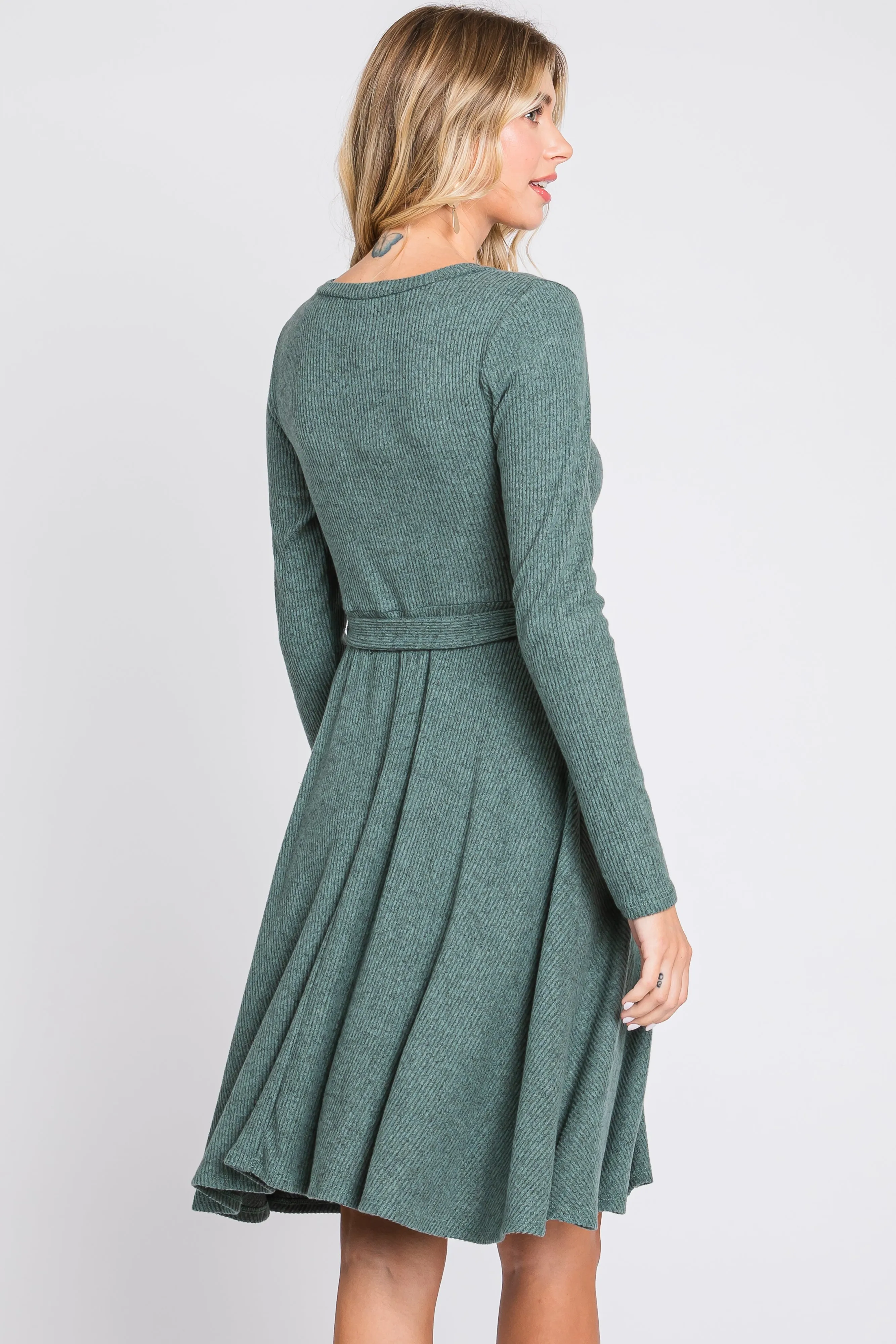 Green Soft Rib Knit Sash Tie Dress sold by Pinkblush product image thumbnail 3