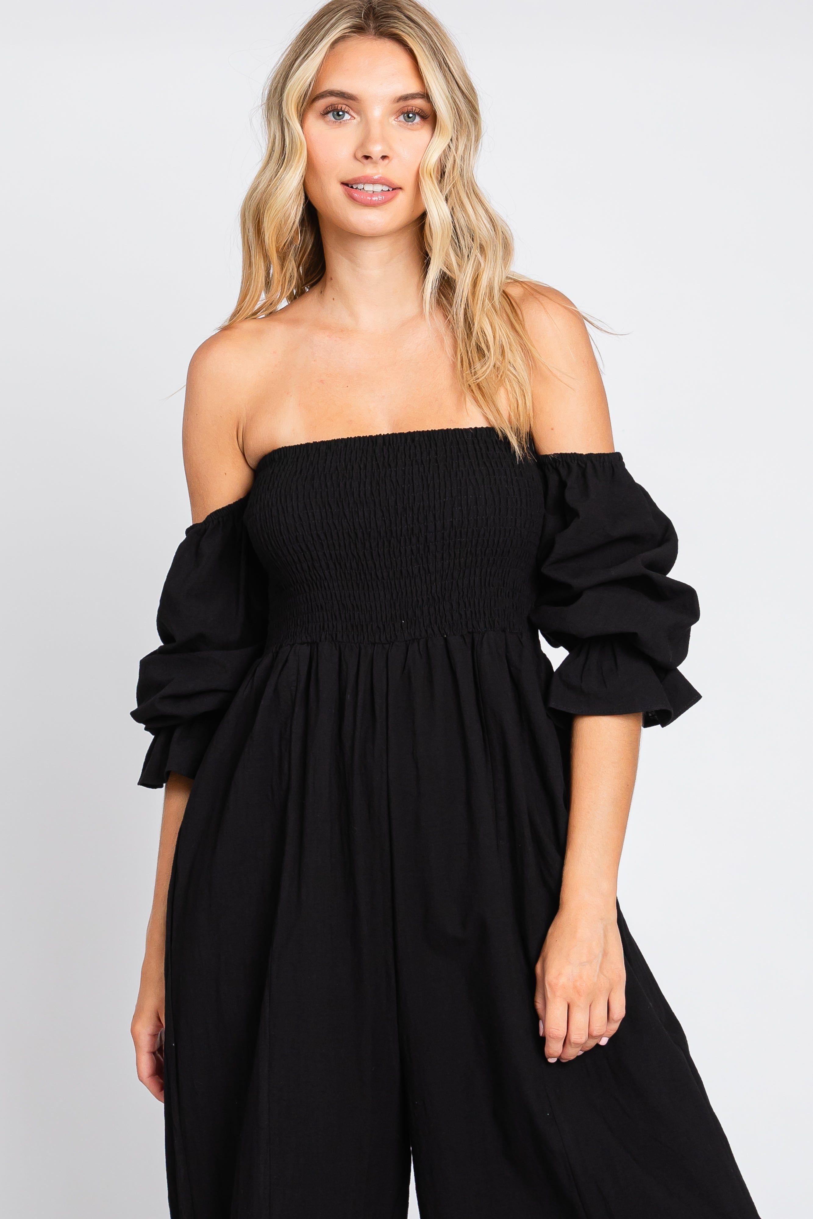 Black Linen Smocked Off Shoulder Wide Leg Jumpsuit sold by Pinkblush product image thumbnail 4