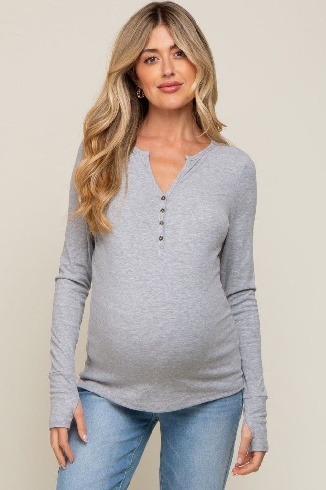 Heather Grey Button Front Long Sleeve Maternity Top sold by Pinkblush