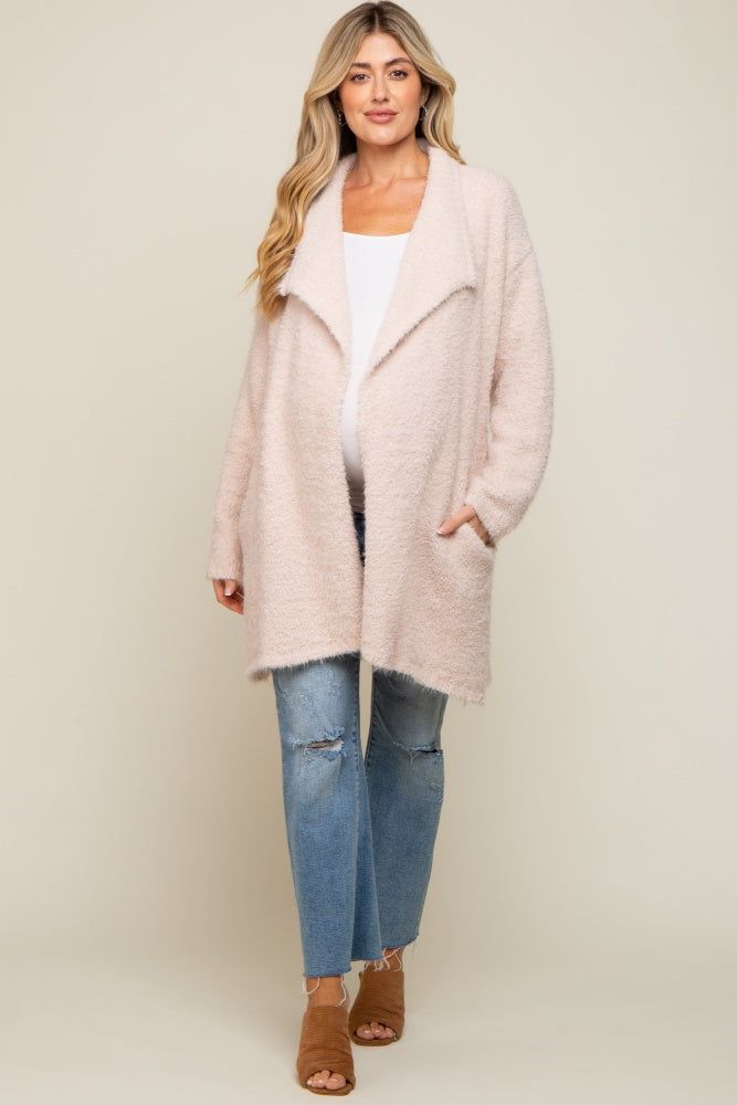Beige Fuzzy Knit Draped Maternity Cardigan sold by Pinkblush product image thumbnail 4
