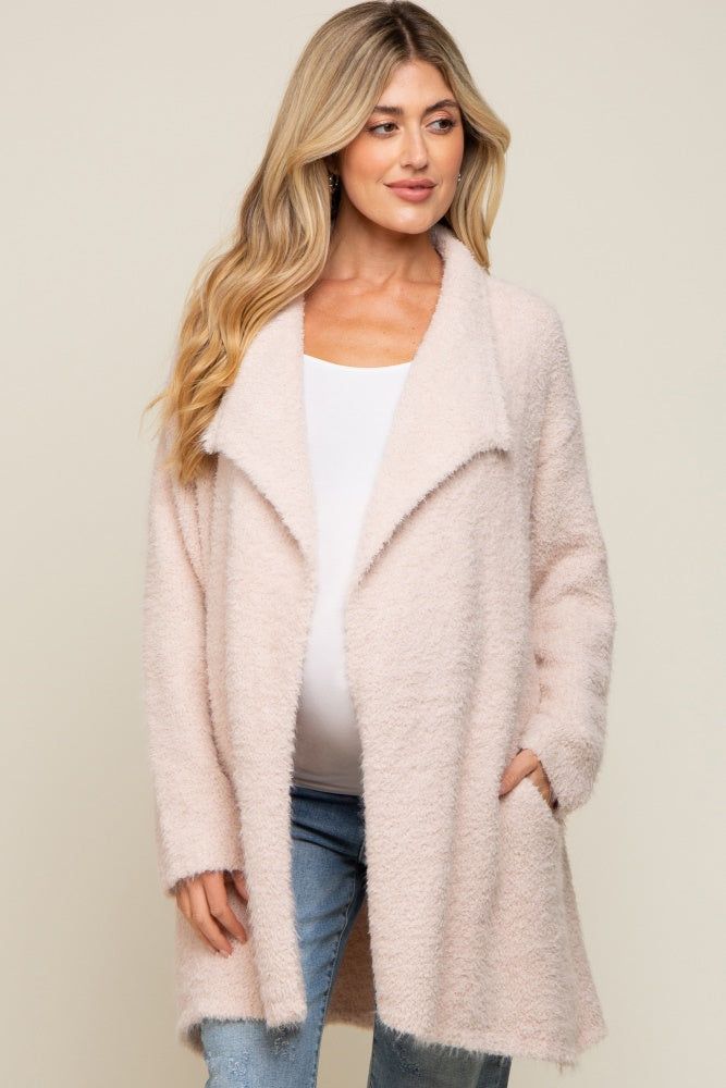 Beige Fuzzy Knit Draped Maternity Cardigan sold by Pinkblush