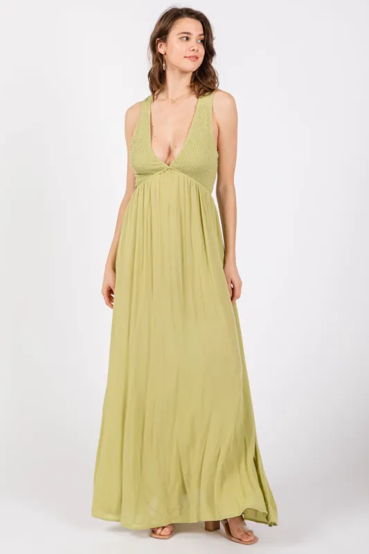 Lime Deep V-Neck Cross Back Maxi Dress sold by Pinkblush