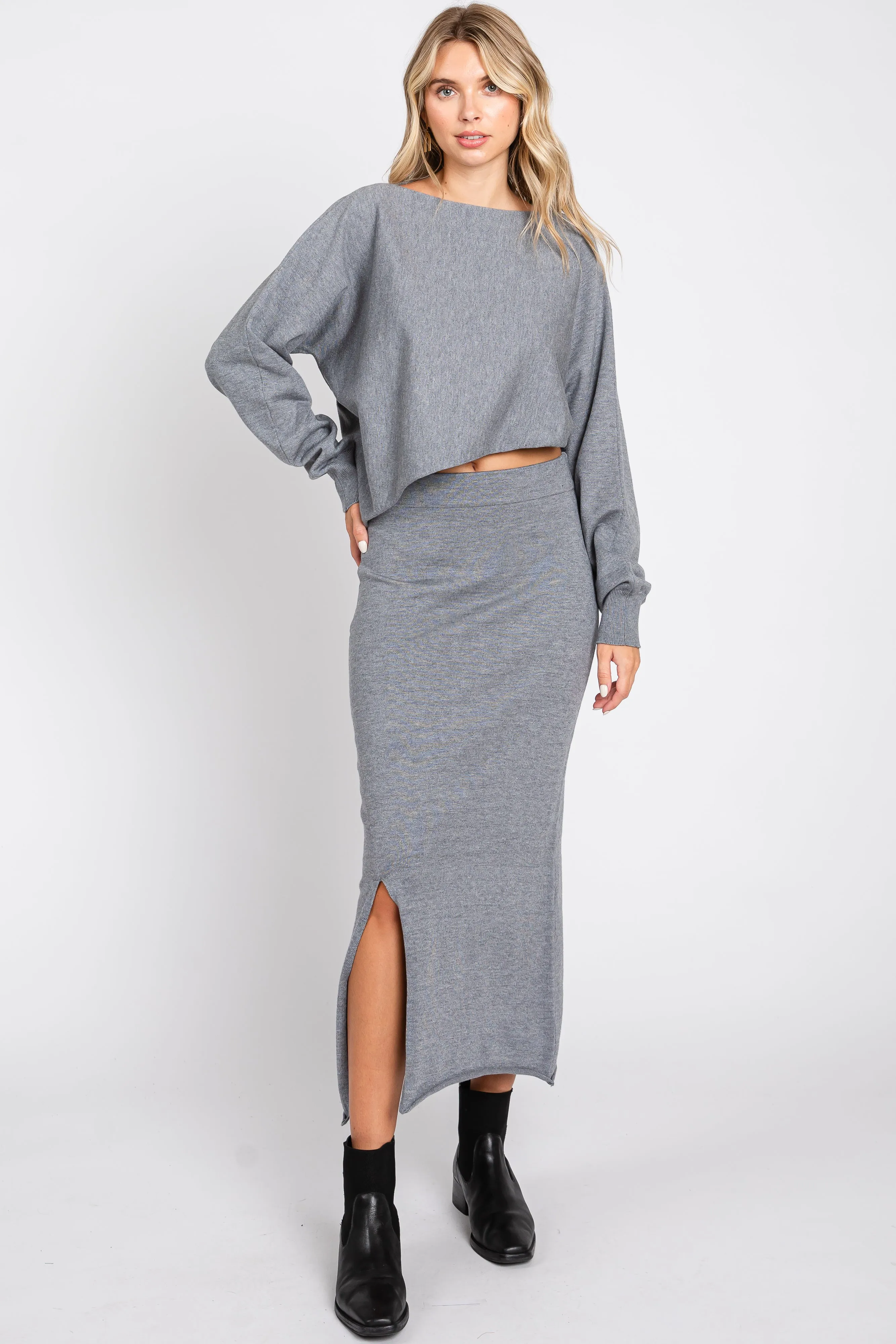 Grey Knit Long Sleeve Crop Top Maternity Midi Skirt Set sold by Pinkblush product image thumbnail 5