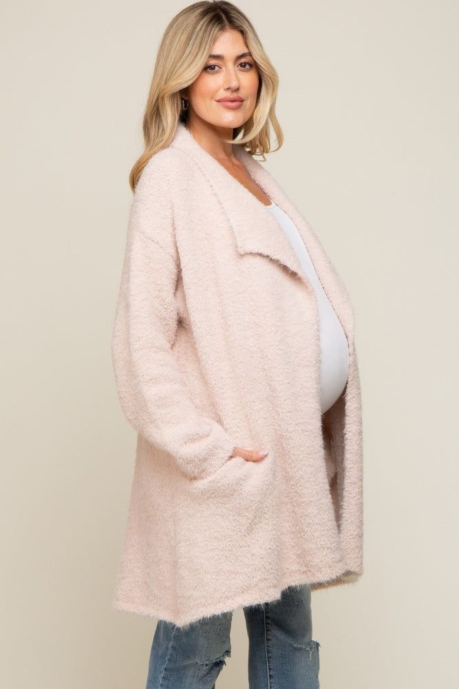 Beige Fuzzy Knit Draped Maternity Cardigan sold by Pinkblush product image thumbnail 2