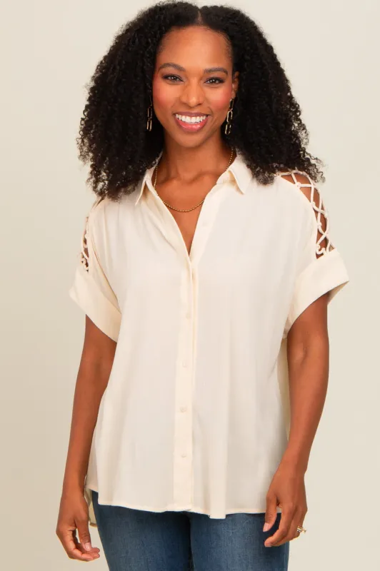 Beige Button Down Lace-Up Shoulder Top sold by Pinkblush