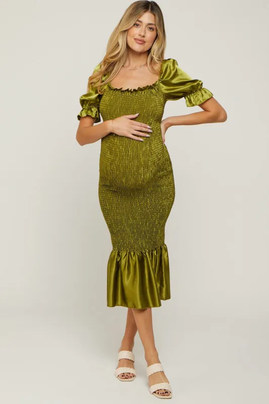 Lime Smocked Satin Maternity Midi Dress sold by Pinkblush