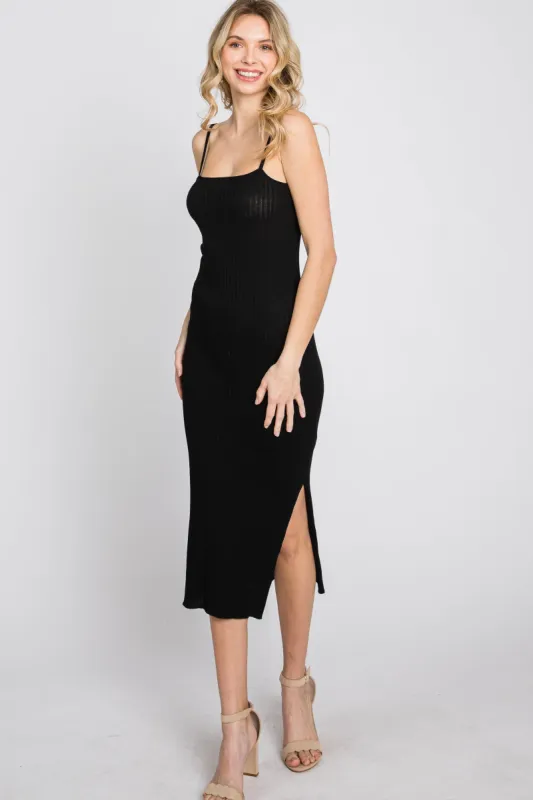 Black Ribbed Square Neck Side Slit Midi Dress sold by Pinkblush