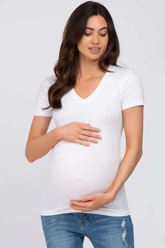 White V-Neck Short Sleeve Maternity Top sold by Pinkblush