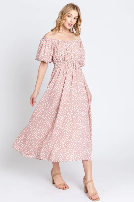 Mauve Printed Puff Short Sleeve Midi Dress sold by Pinkblush