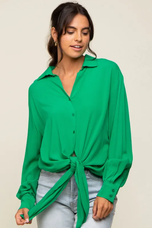 Green Collared Button Down Knotted Shirt sold by Pinkblush