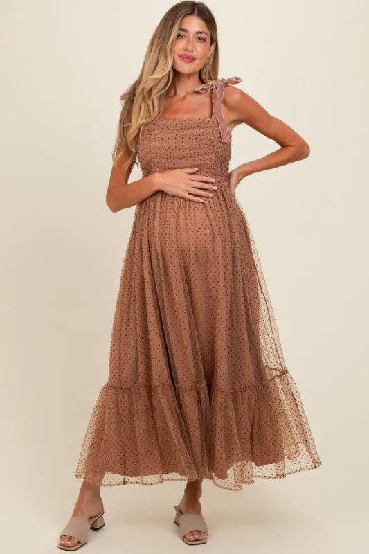 Camel Dotted Mesh Overlay Shoulder Tie Maternity Midi Dress sold by Pinkblush