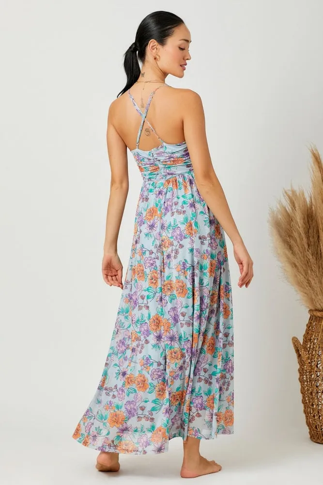Light Blue Floral Mesh Sleeveless Maxi Dress sold by Pinkblush product image thumbnail 3