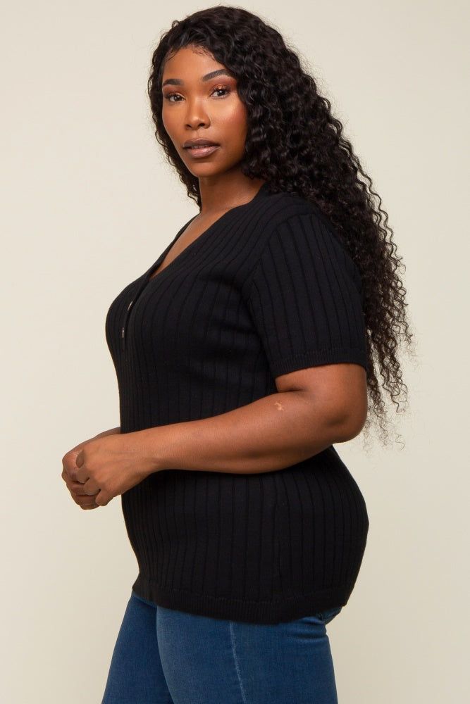 Black Ribbed Knit Button Plus Top sold by Pinkblush product image thumbnail 2