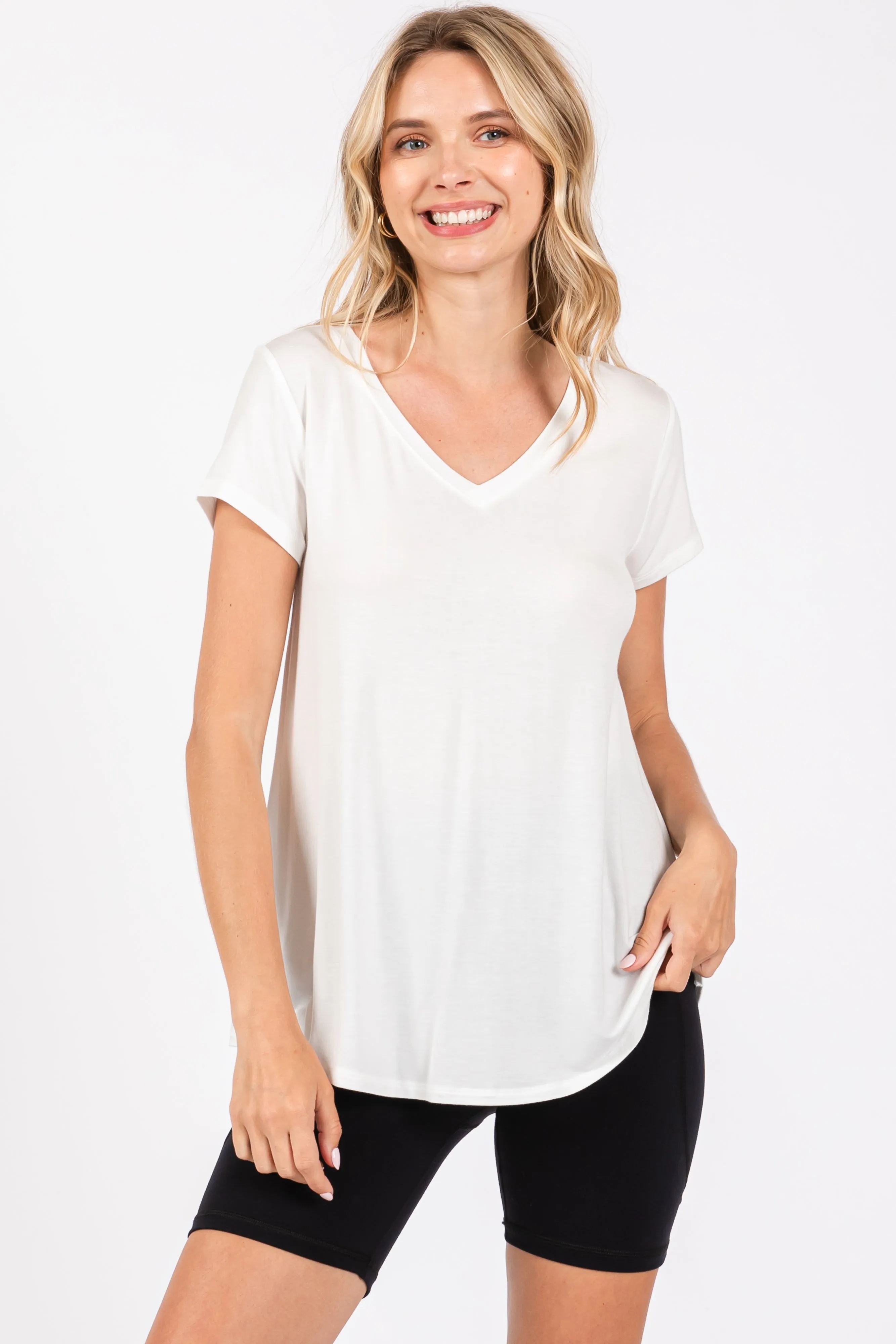 Ivory Basic V-Neck Short Sleeve Top sold by Pinkblush