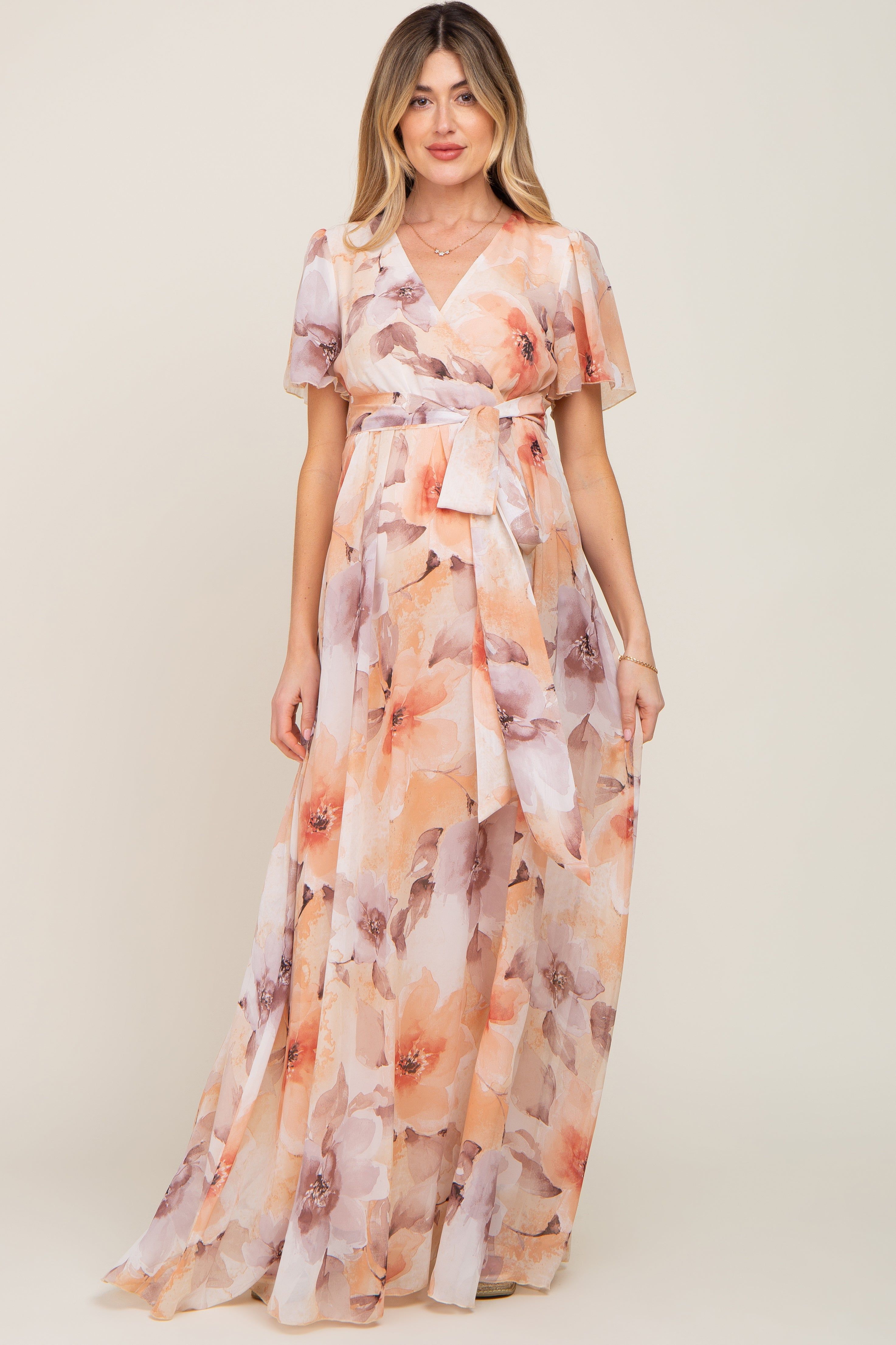 Peach Floral Chiffon Wrap Front Short Sleeve Maternity Maxi Dress sold by Pinkblush product image thumbnail 4