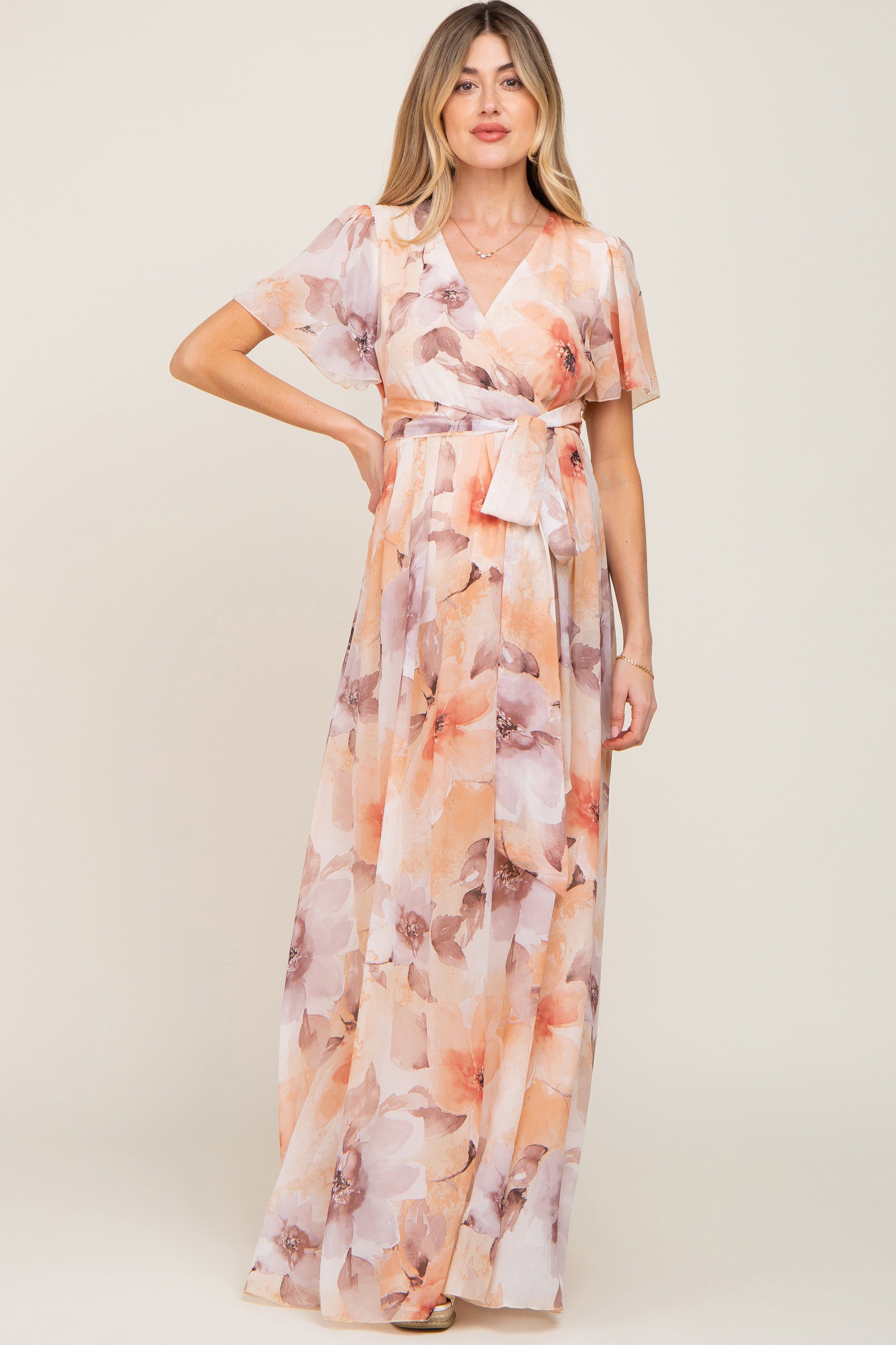 Peach Floral Chiffon Wrap Front Short Sleeve Maternity Maxi Dress sold by Pinkblush