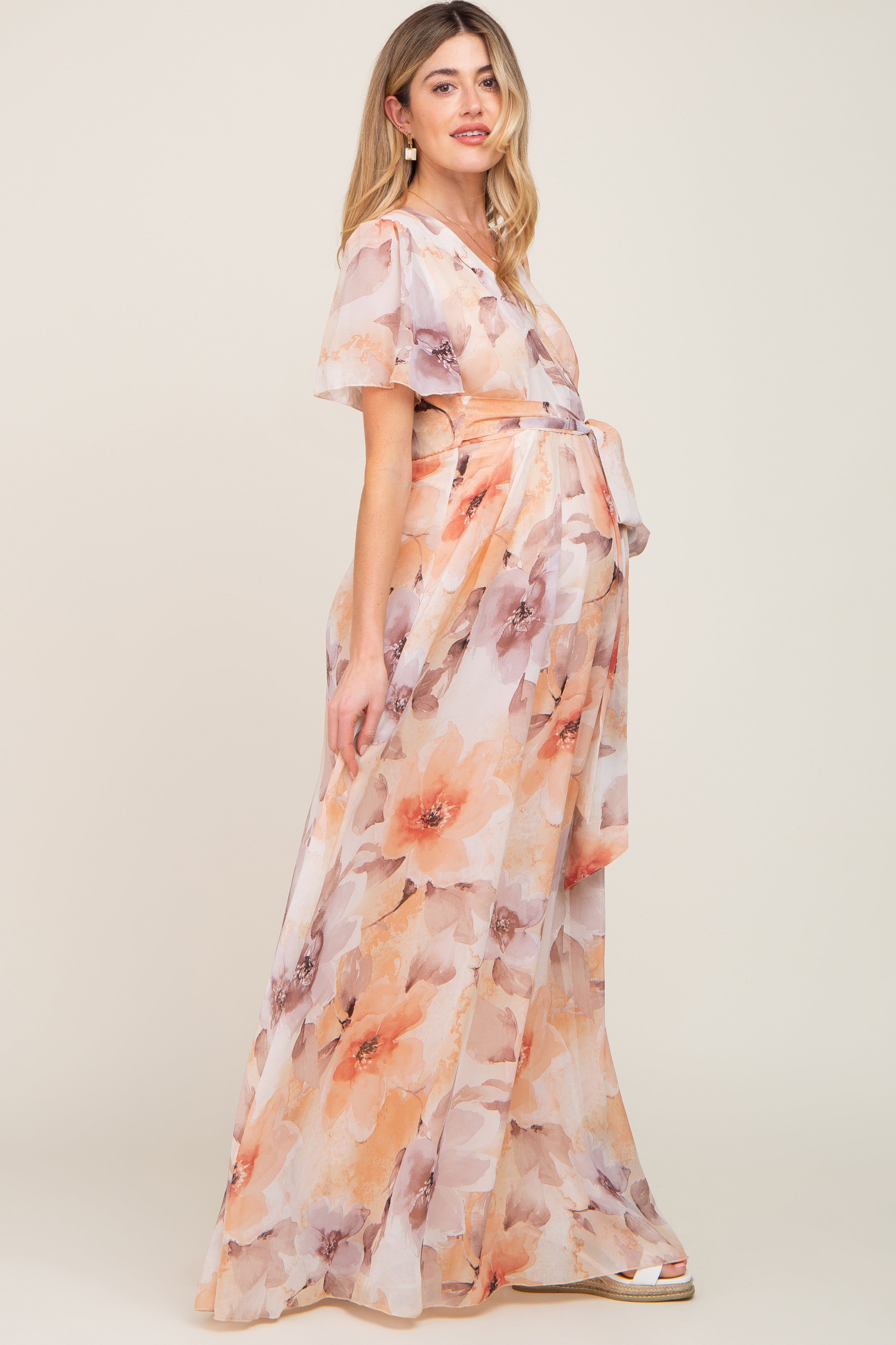 Peach Floral Chiffon Wrap Front Short Sleeve Maternity Maxi Dress sold by Pinkblush product image thumbnail 2