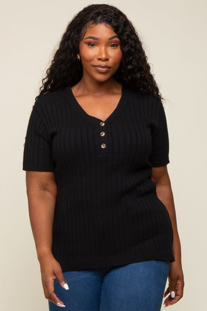 Black Ribbed Knit Button Plus Top sold by Pinkblush