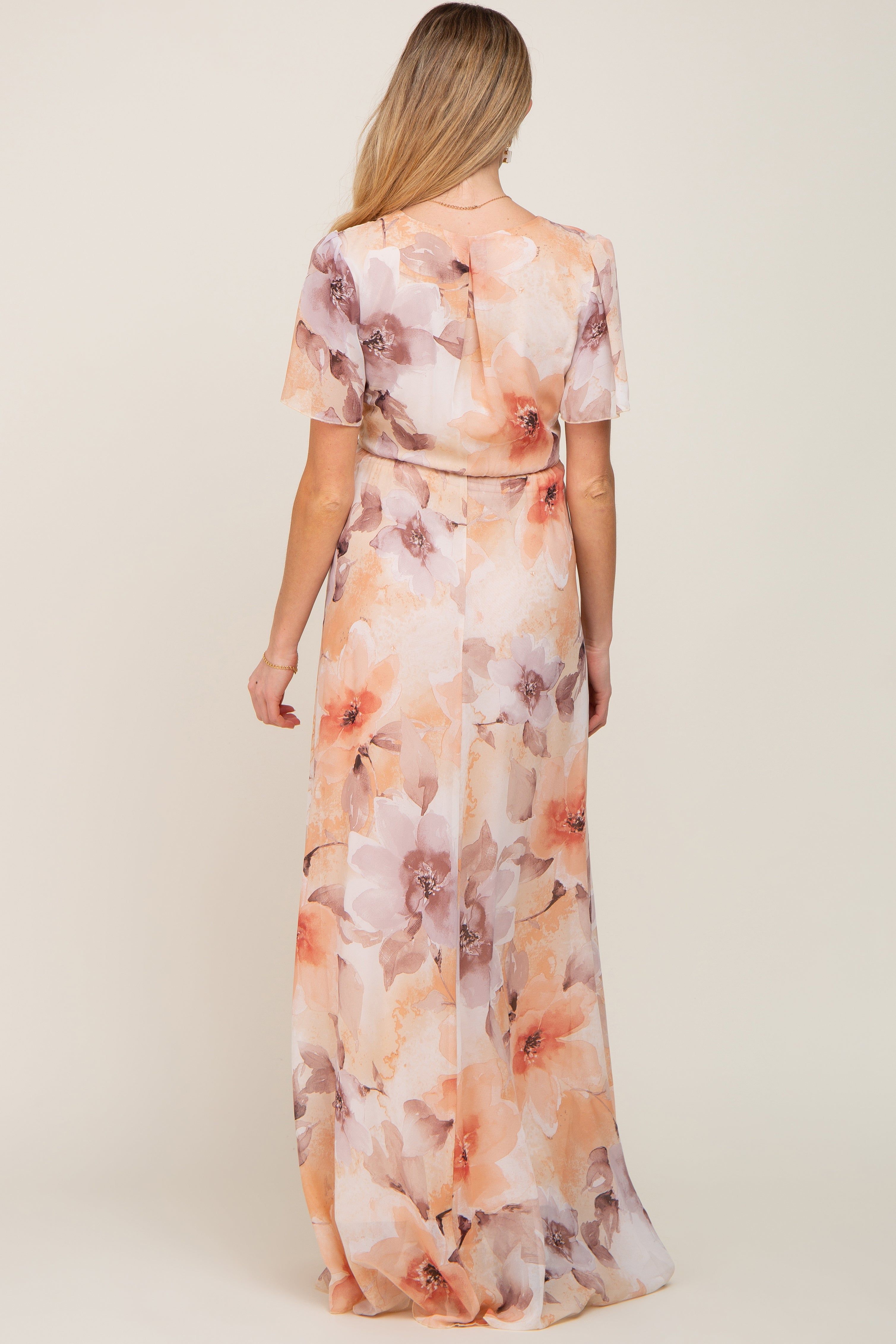 Peach Floral Chiffon Wrap Front Short Sleeve Maternity Maxi Dress sold by Pinkblush product image thumbnail 3